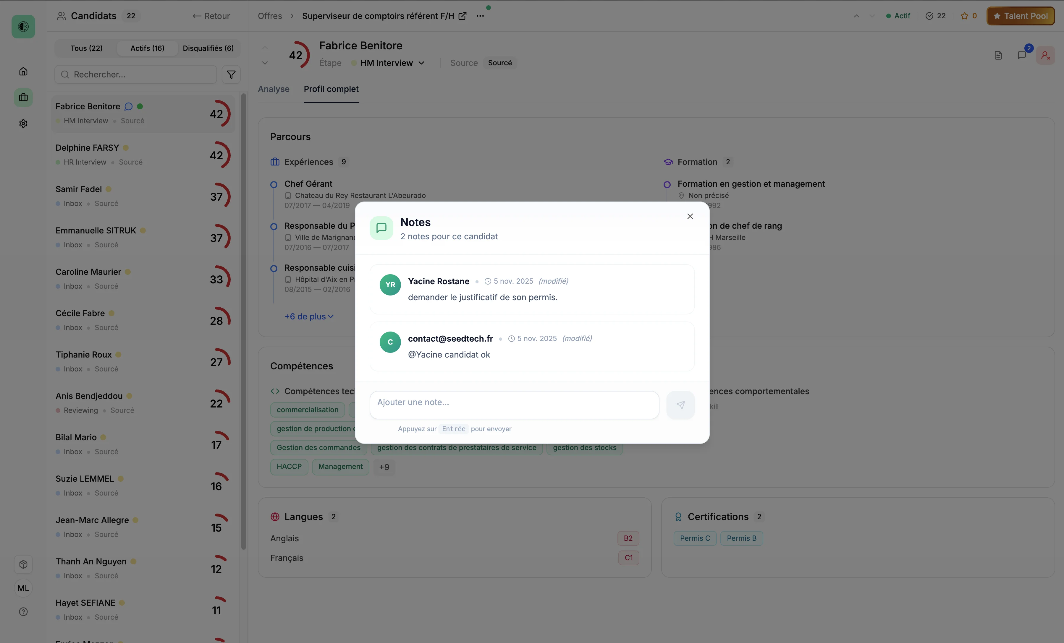Notes sur un candidat