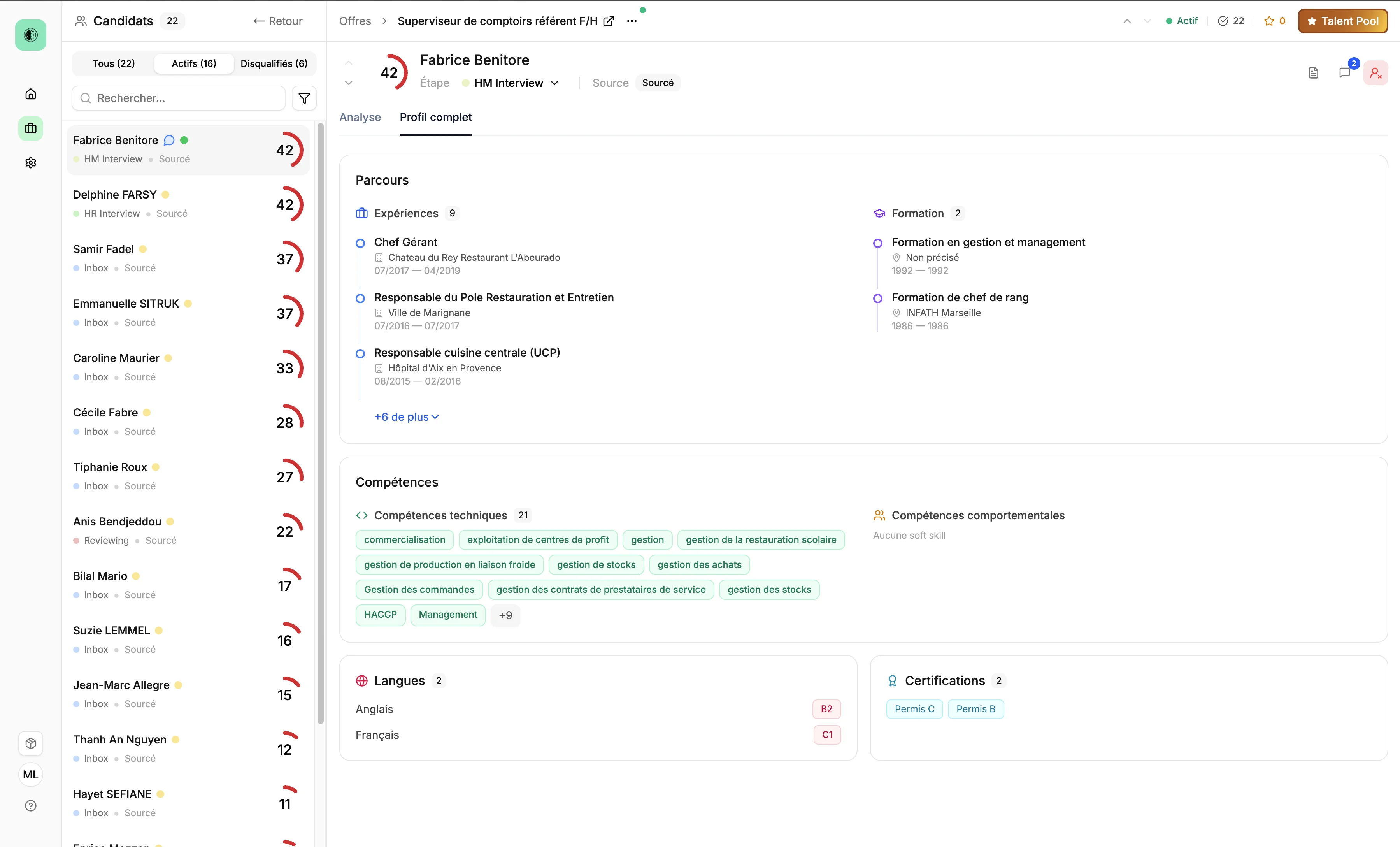 Fiche candidat - Profil complet
